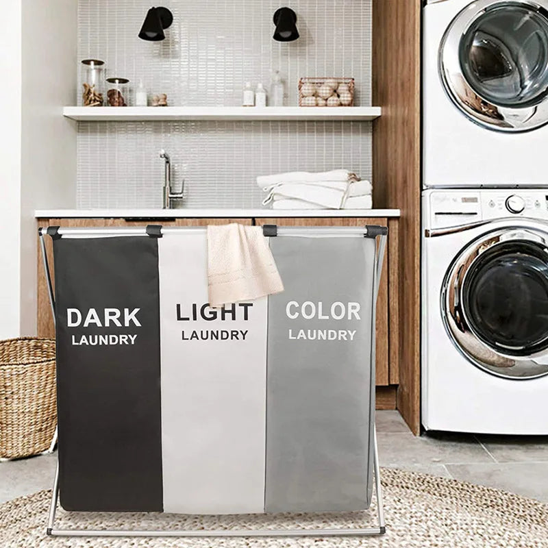 Foldable Three-Compartment Household Laundry Basket (Dark, Light and Color Laundry)