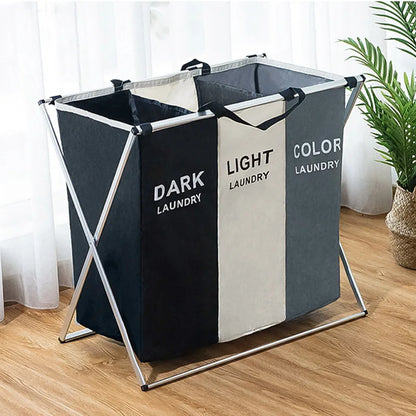 Foldable Three-Compartment Household Laundry Basket (Dark, Light and Color Laundry)